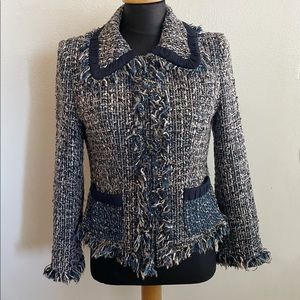 MCGINN navy blue multi-color tweed jacket with tassel detail